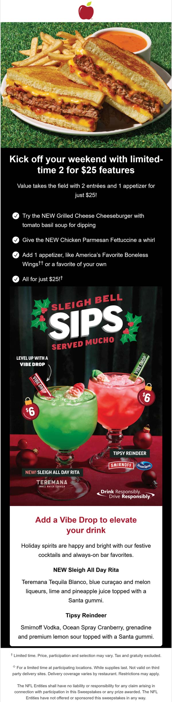 Two can dine for $25 includes appetizer at Applebees restaurants