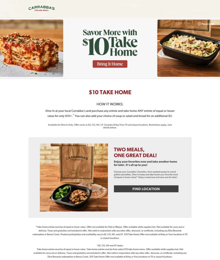 Second take home meal $10 at Carrabbas Italian Grill
