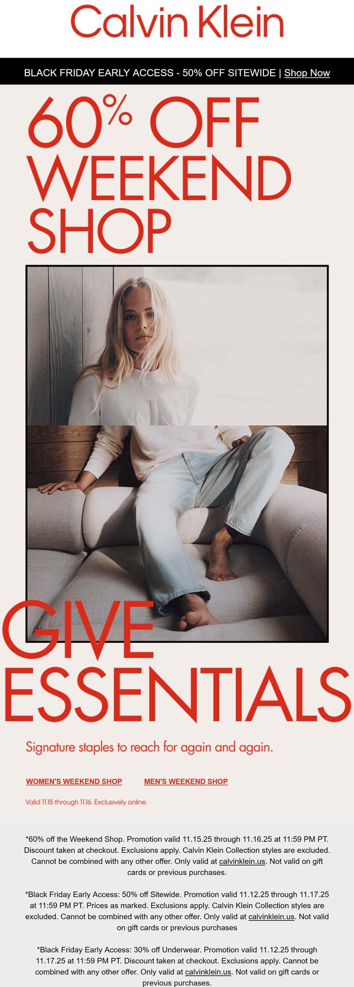 50-60% off everything today at Calvin Klein