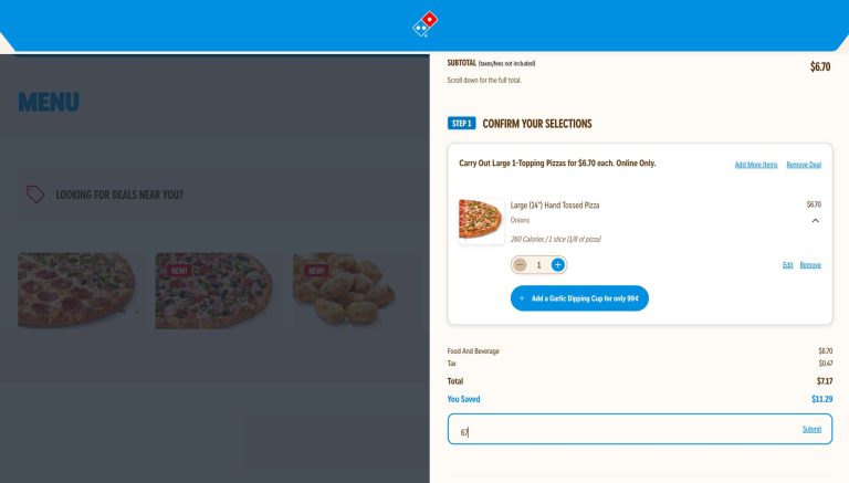 Large 1-topping carryout for $7 at Dominos pizza via promo code 67