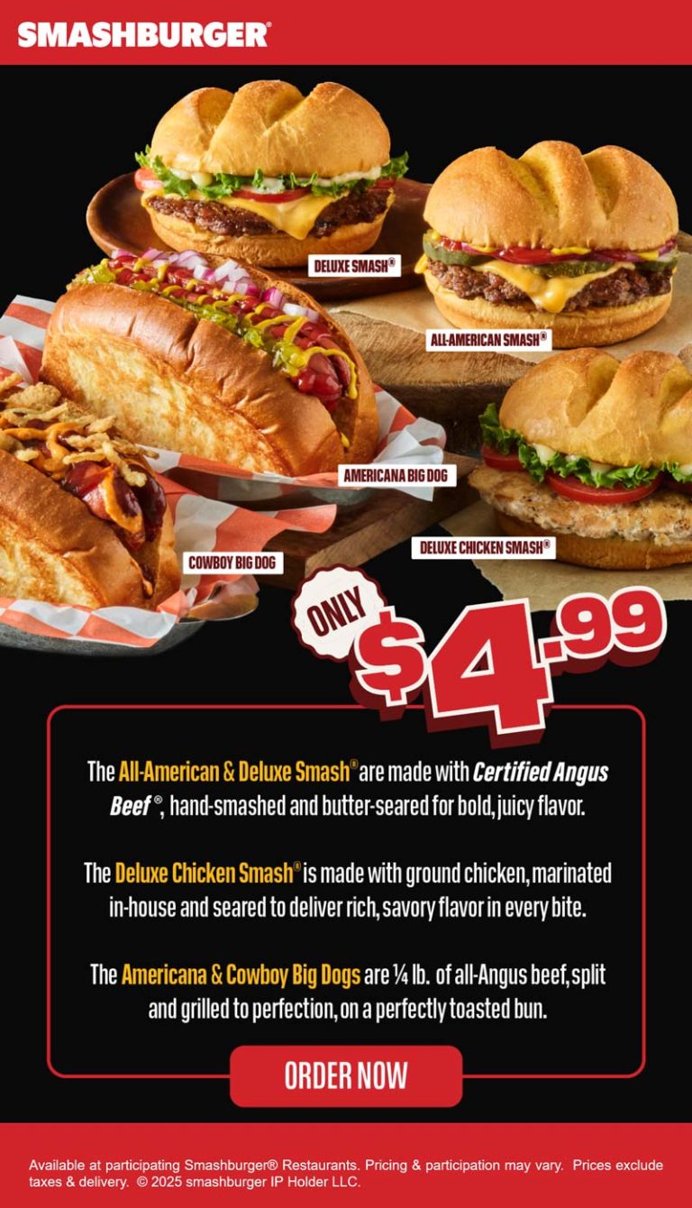 Deluxe cheeseburger, chicken or QP hot dog = $5 at Smashburger