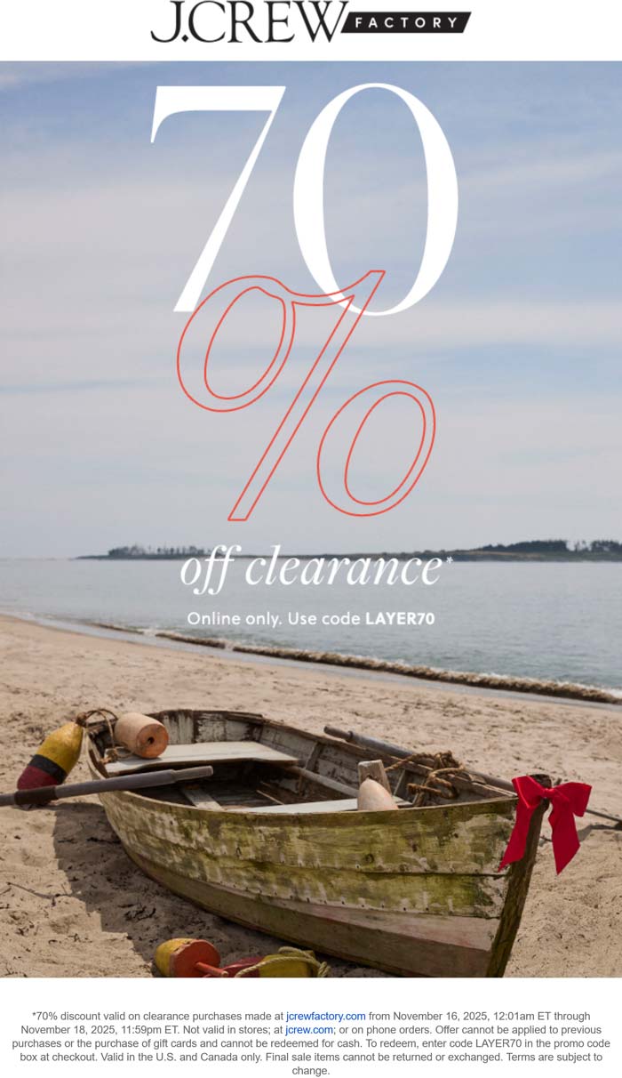 Extra 70% off clearance today at J.Crew Factory via promo code LAYER70