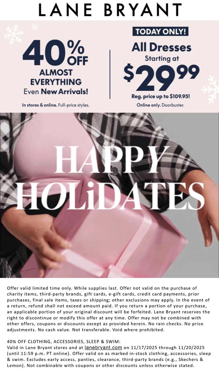 40% off at Lane Bryant, ditto online