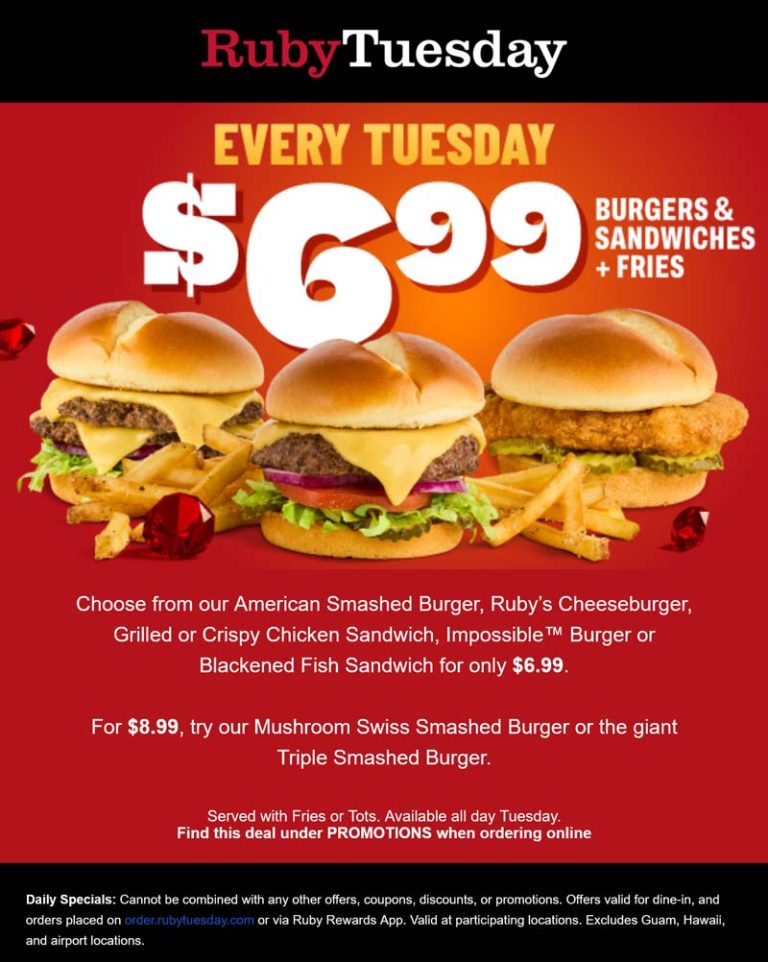 $7 cheeseburgers & sandwiches + fries today at Ruby Tuesday