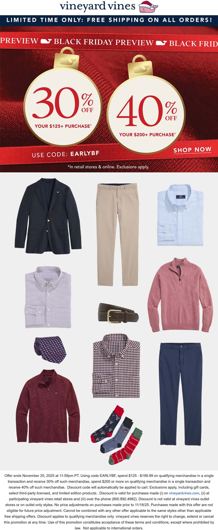 30-40% off $125+ at Vineyard Vines, or online via promo code EARLYBF