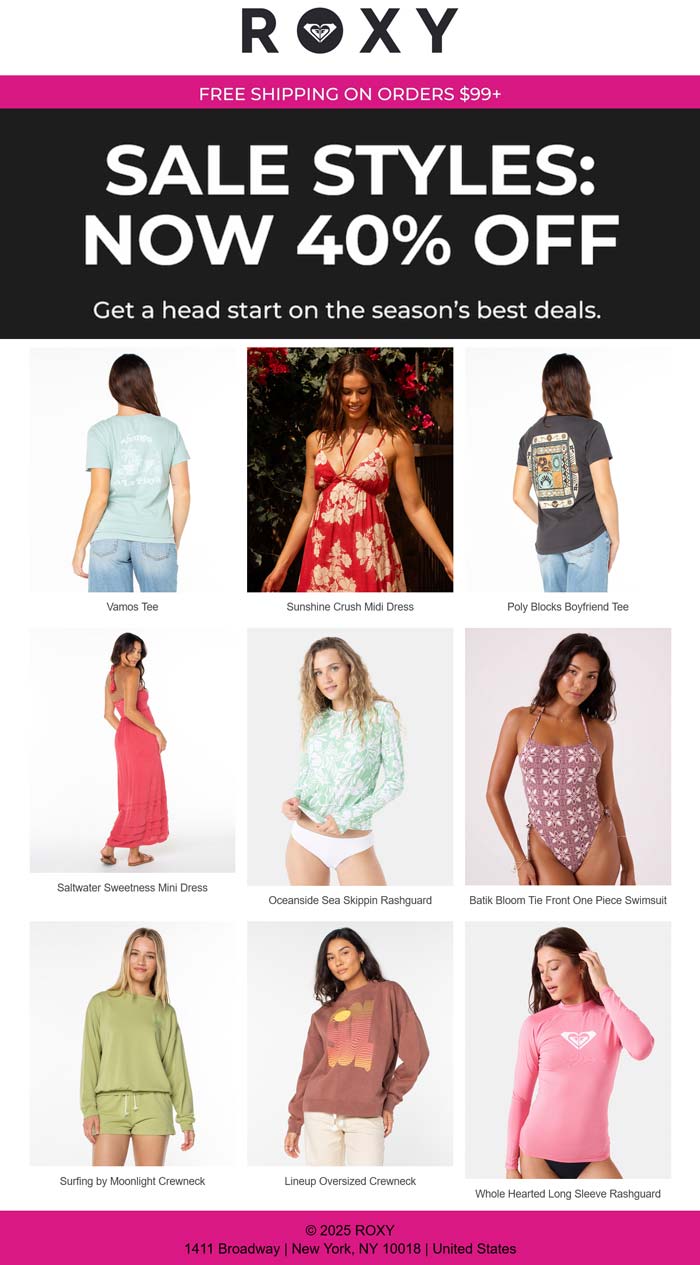 Extra 40% off sale styles at Roxy