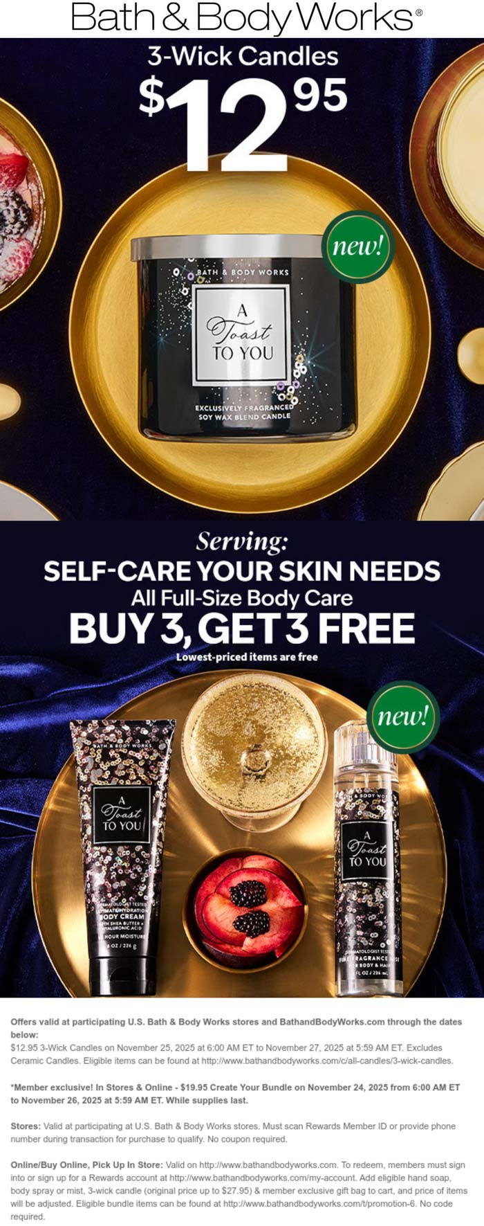 Bath & Body Works coupon: 3-wick candles = $13 at Bath & Body Works, ditto online