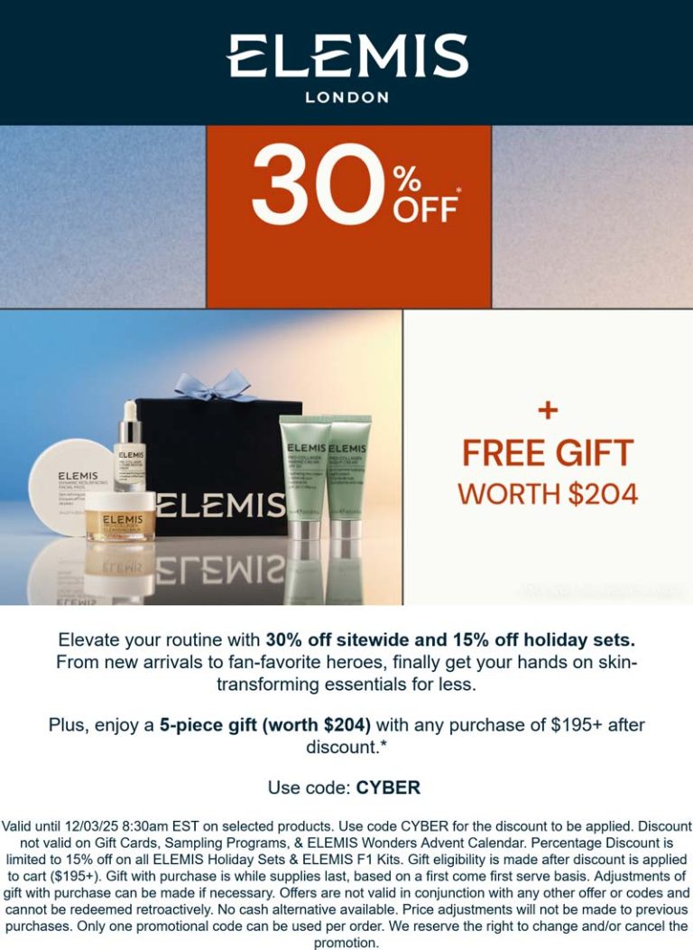 30% off + free $204 set on $195+ at ELEMIS via promo code CYBER