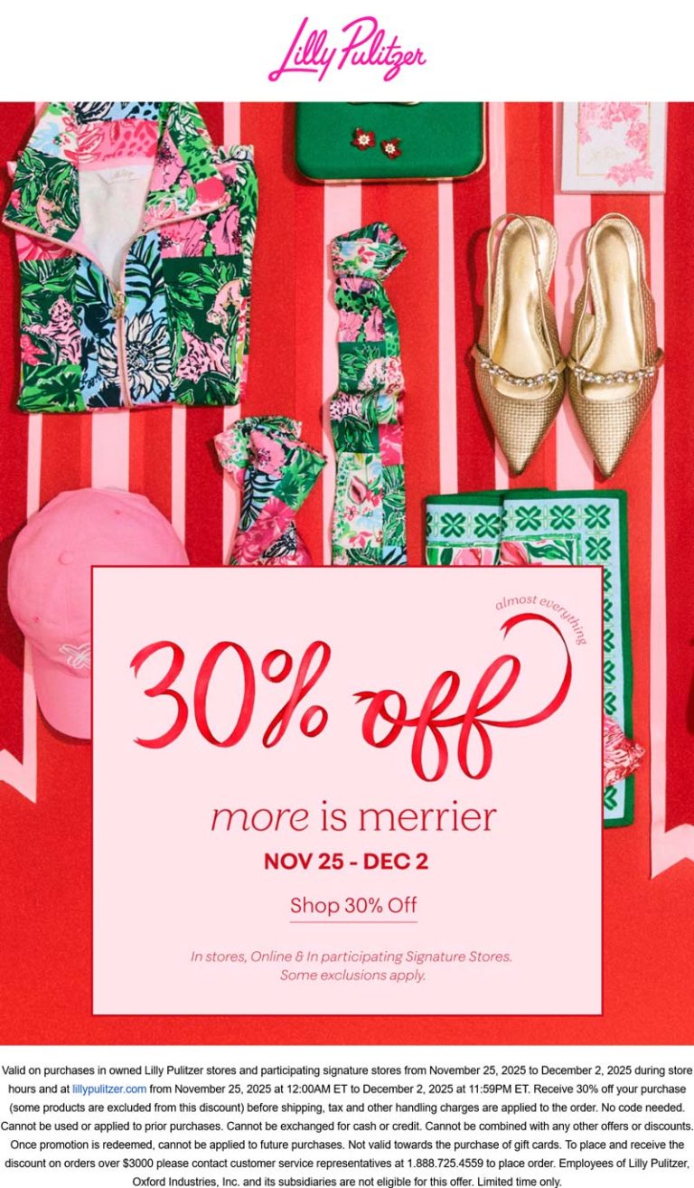 30% off at Lilly Pulitzer, ditto online