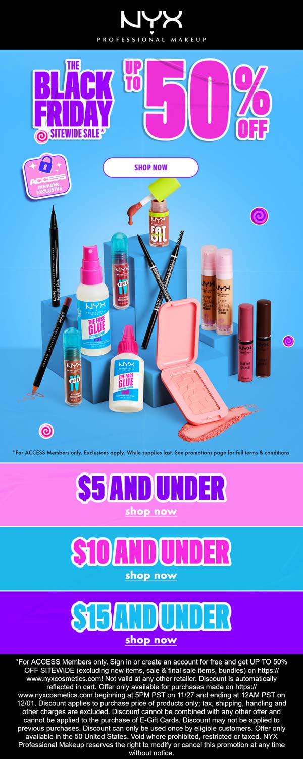 20-50% off online at NYX Professional Makeup
