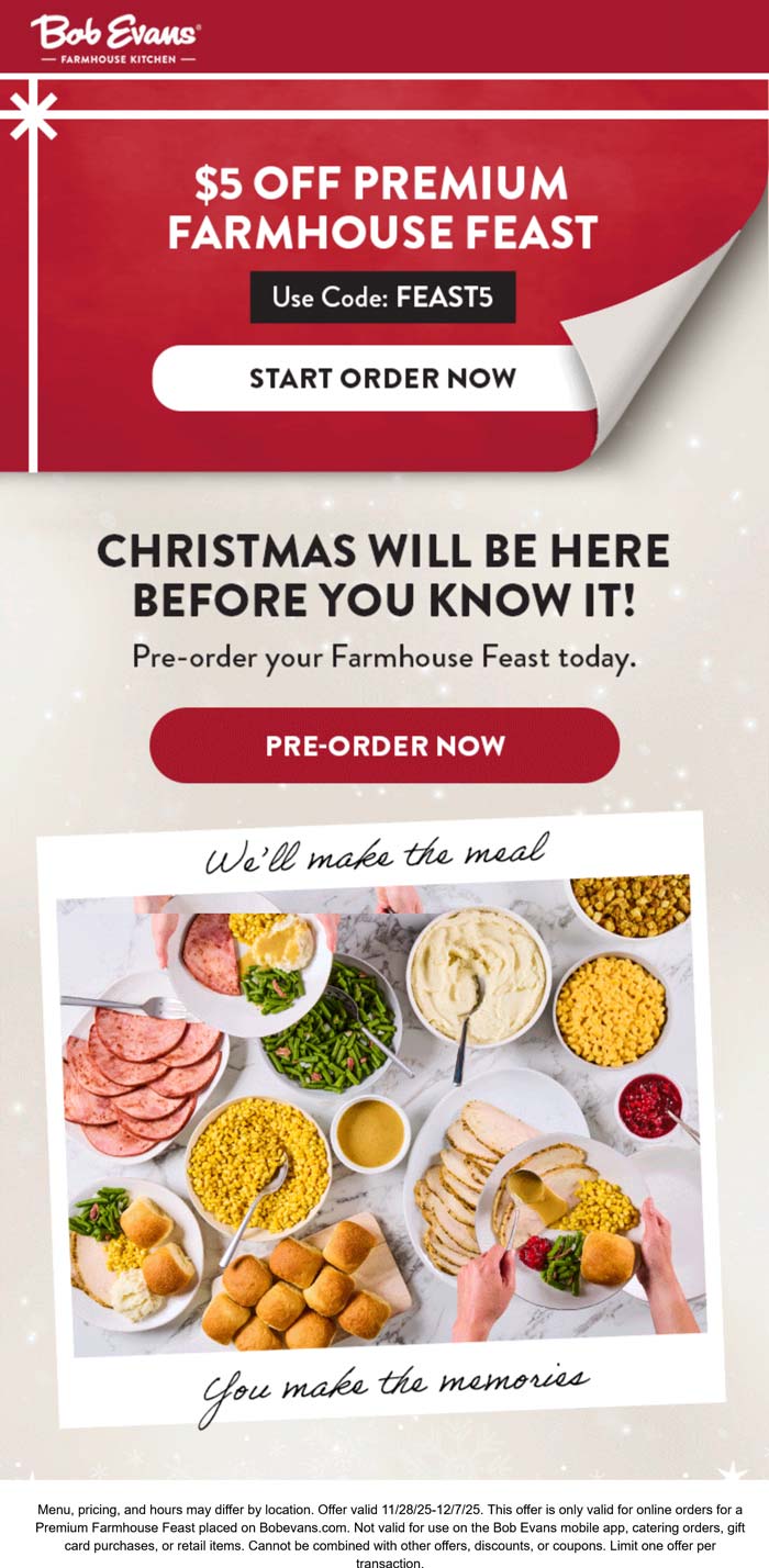 $5 off farmhouse feast at Bob Evans restaurants via promo code FEAST5