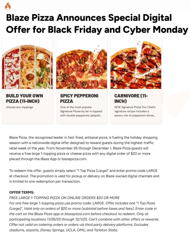 Free large 1-topping pizza on $20 today at Blaze