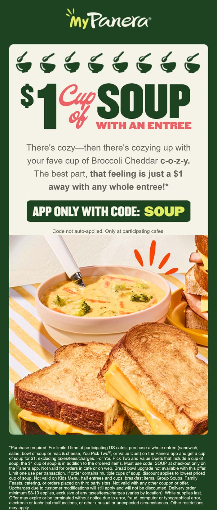$1 cup of soup with your entree at Panera Bread via promo code SOUP