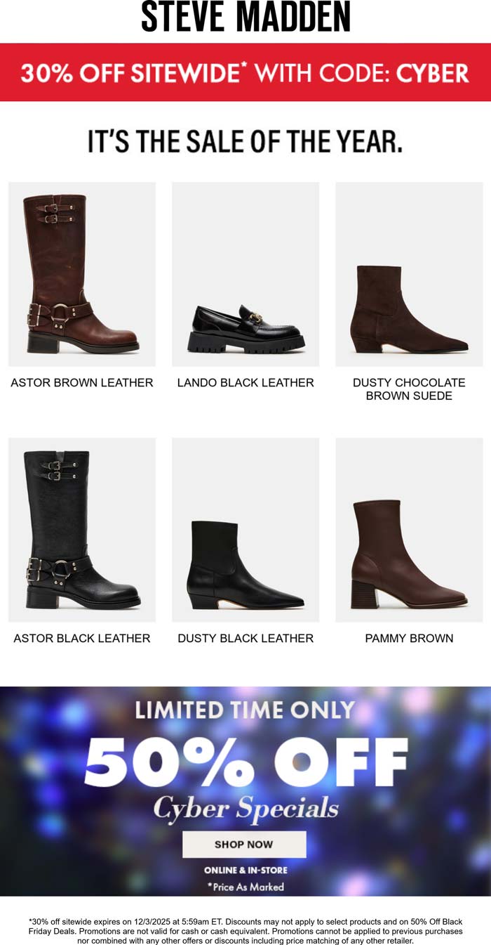 30% off everything & more online today at Steve Madden via promo code CYBER