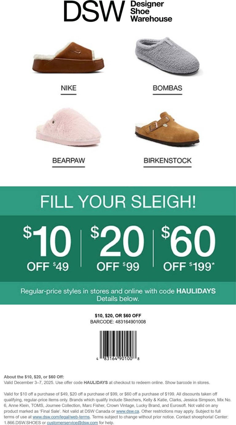 $10-$60 off $49+ at DSW shoes, or online via promo code HAULIDAYS