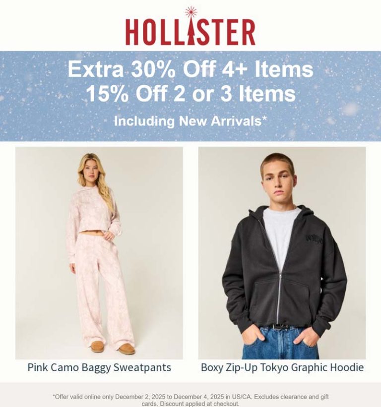 15-30% off 2+ items online today at Hollister