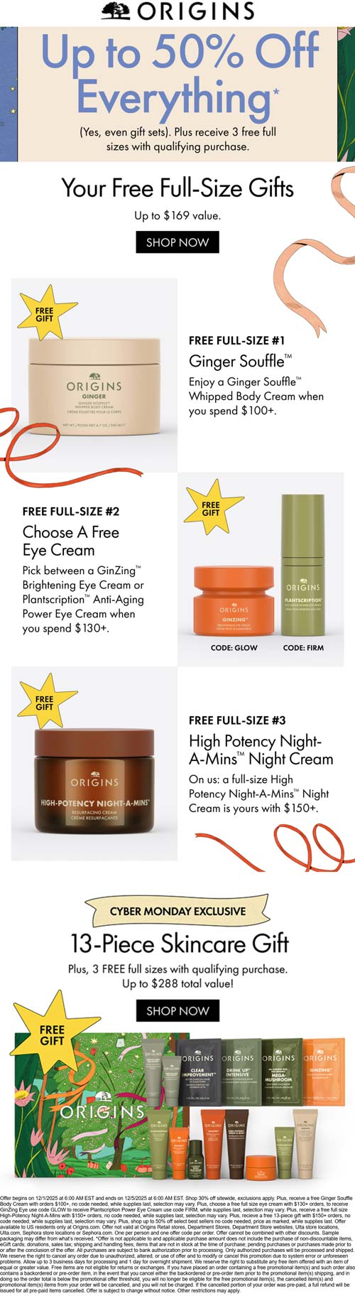 Various free full sizes on $100+ today at Origins via promo code GLOW