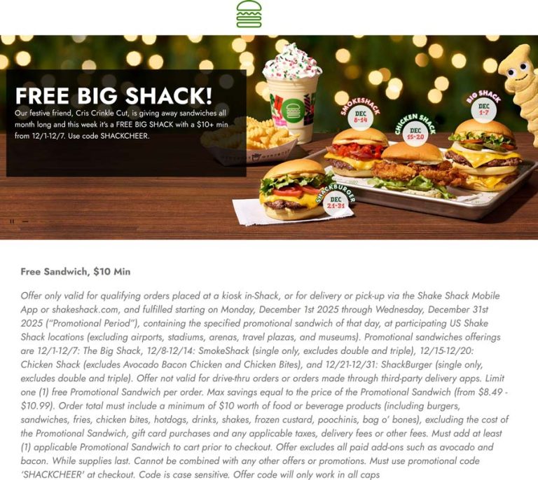 Free big shack cheeseburger on $10 at Shake Shack via promo code SHACKCHEER