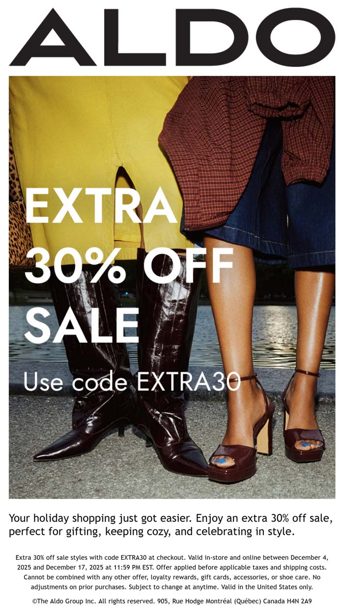 Extra 30% off sale items at ALDO via promo code EXTRA30