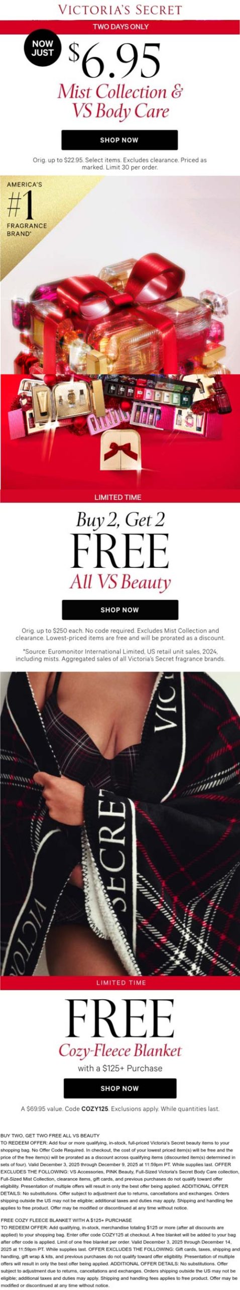 4-for-2 on all beauty & more at Victorias Secret, free blanket on $125 via promo COZY125