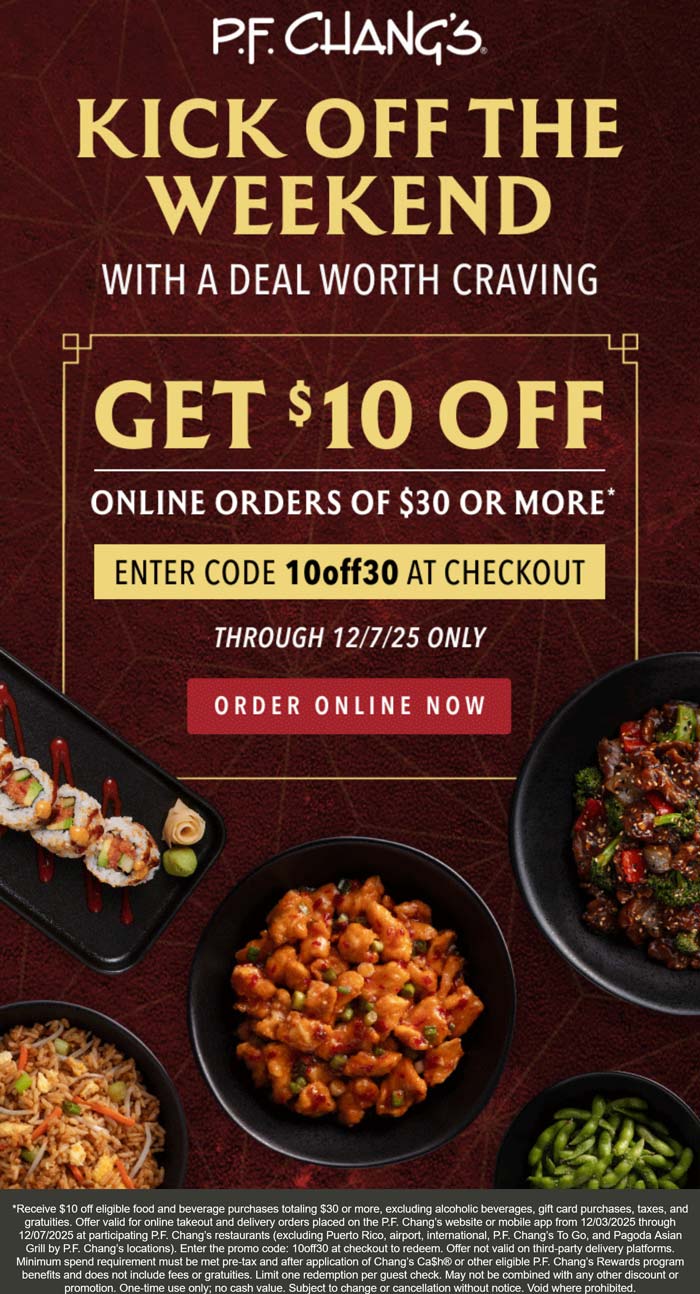 $10 off $30 at PF Changs restaurant via promo code 10off30