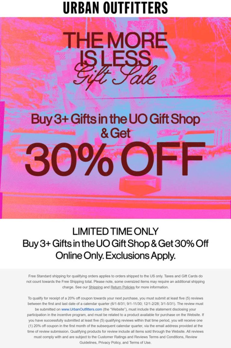 30% off 3+ gifts at Urban Outfitters