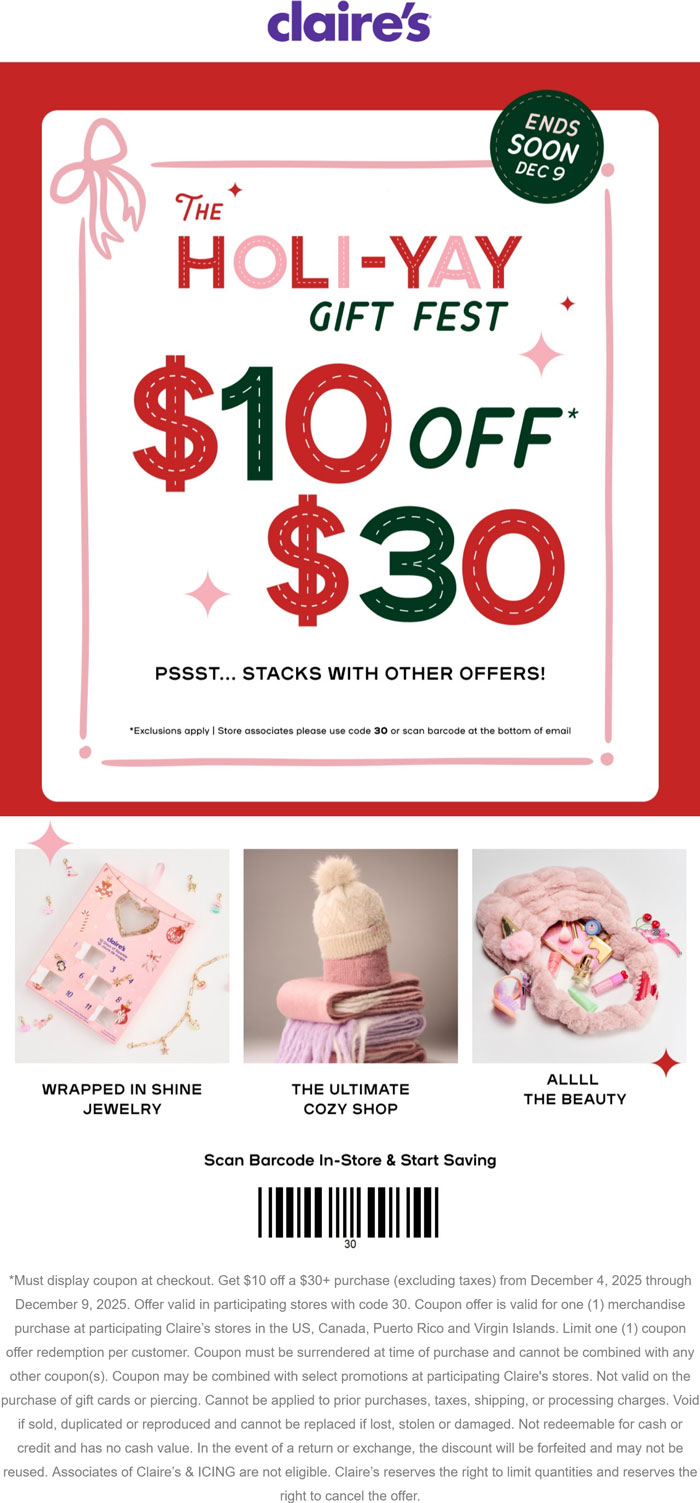 $10 off $30 at Claires