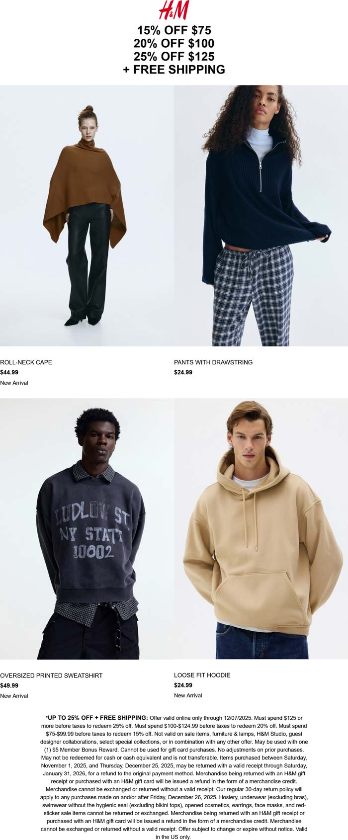 H&M coupon: 15-25% off $75+ online today at H&M