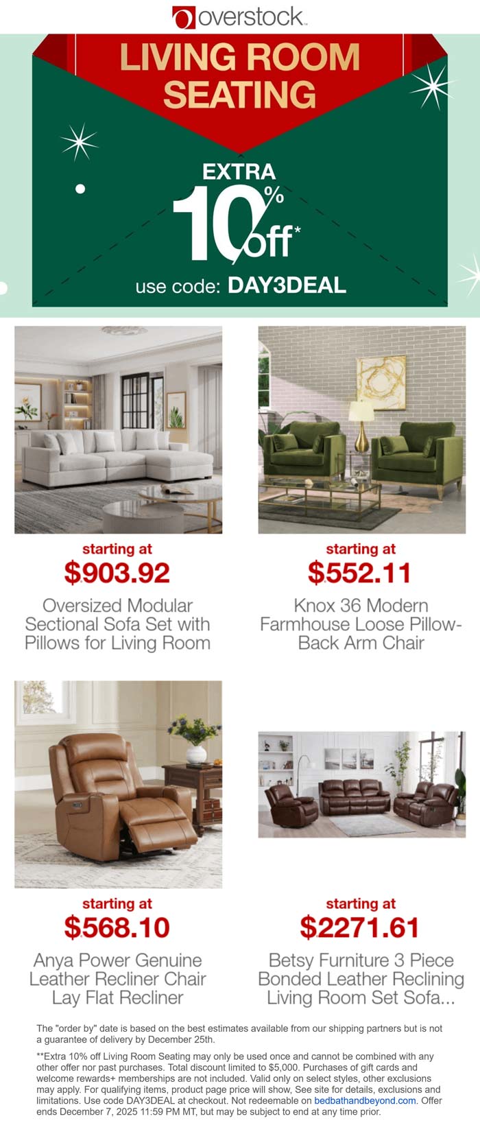 Extra 10% off living room seating today at Overstock via promo code DAY3DEAL