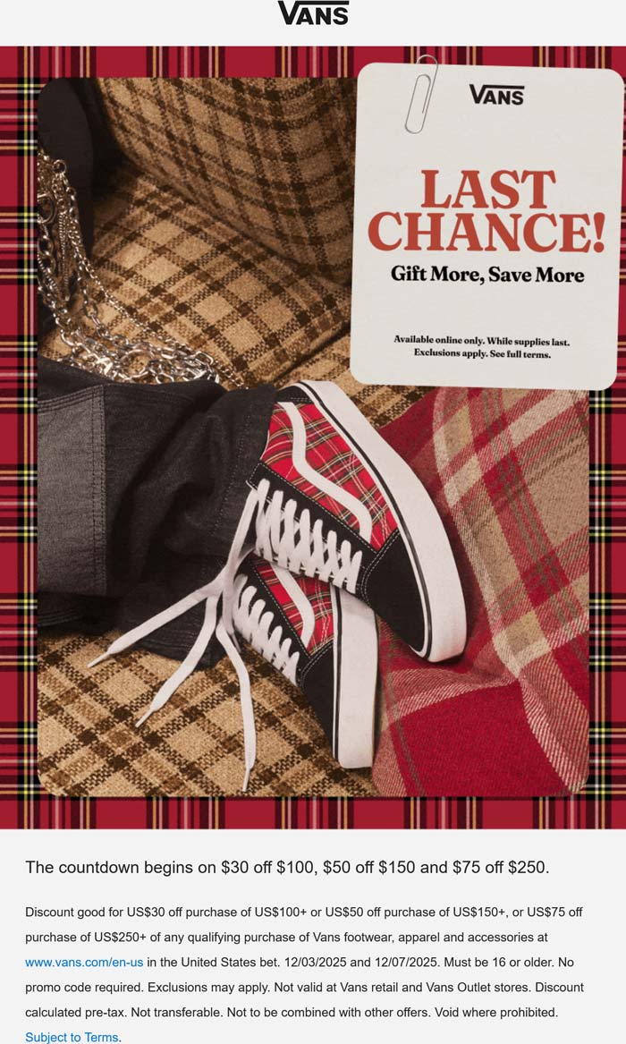 $30-$75 off $100+ today at Vans