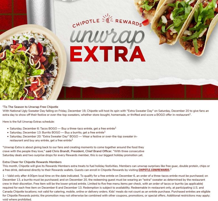 Second burrito free after 4p Saturday at Chipotle