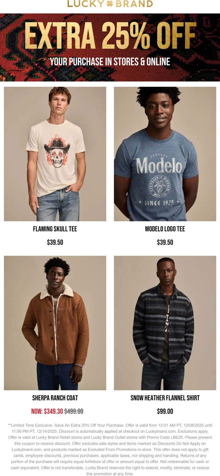 Extra 25% off at Lucky Brand, ditto online