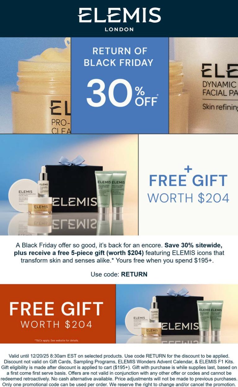 30% off + free $200 gift on $195+ at Elemis via promo code RETURN