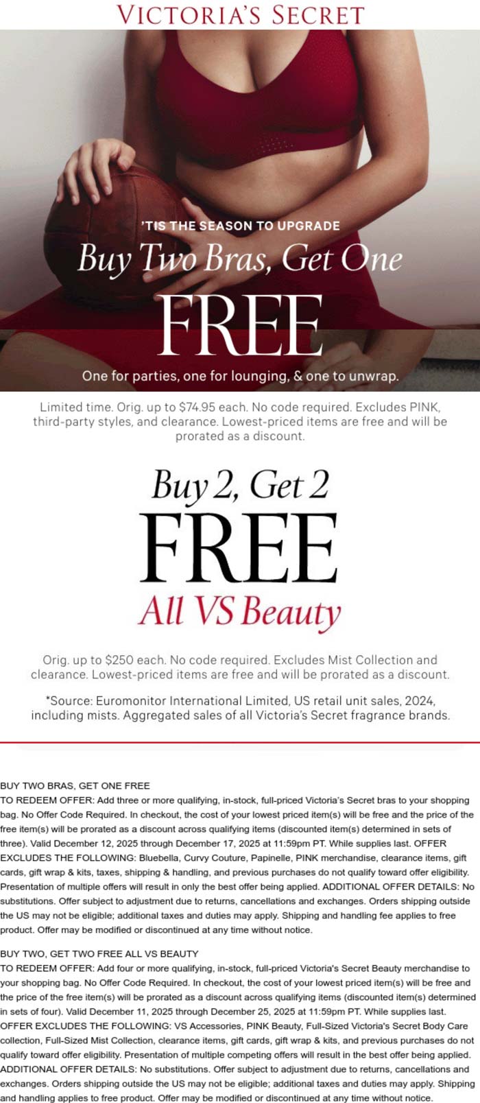 3rd bra free & 4-for-2 on beauty at Victorias Secret