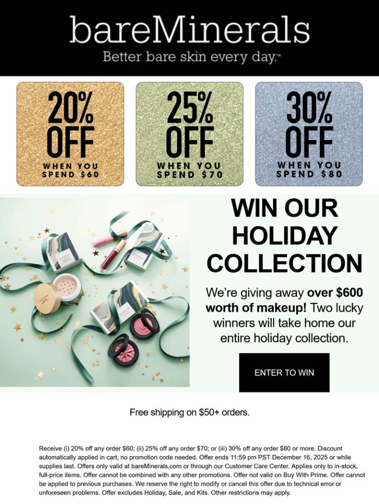 20-30% off $60+ at bareMinerals