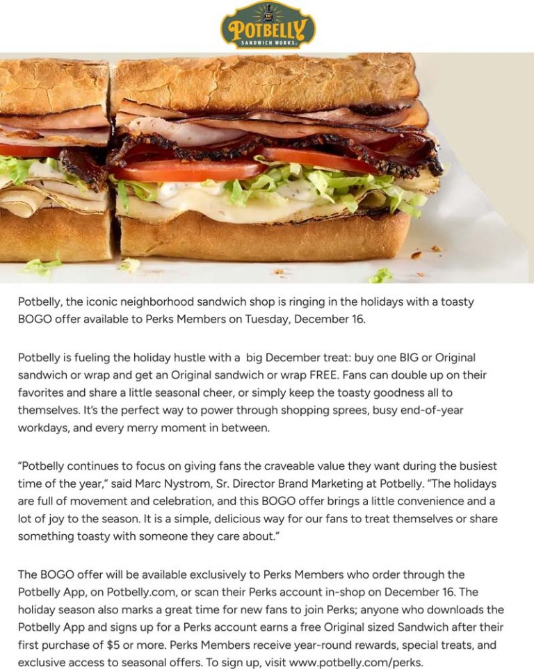 Second sandwich free via login Tues at Potbelly