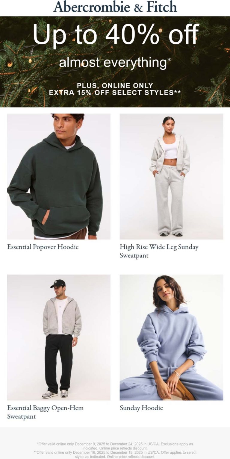 Abercrombie & Fitch coupon: 15-40% off everything at Abercrombie & Fitch