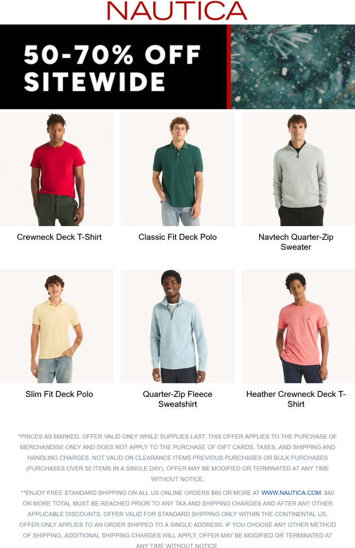 50-70% off everything online at Nautica