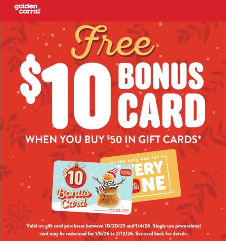 Free $10 card with your $50 at Golden Corral restaurants