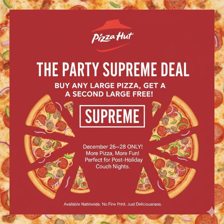 Second large pizza free 26-28th at Pizza Hut via promo code SUPREME