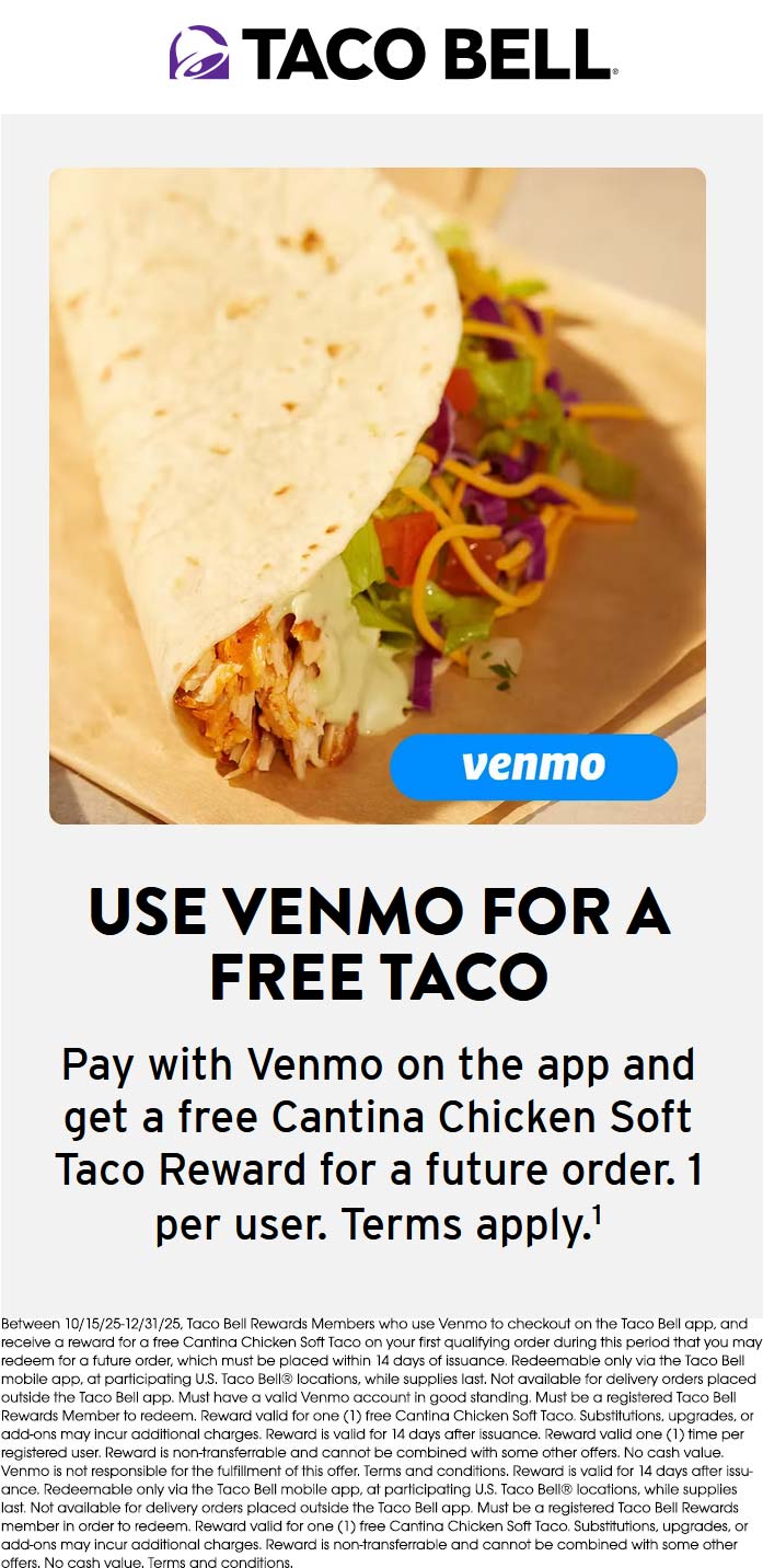 Free cantina chicken taco via venmo at Taco Bell
