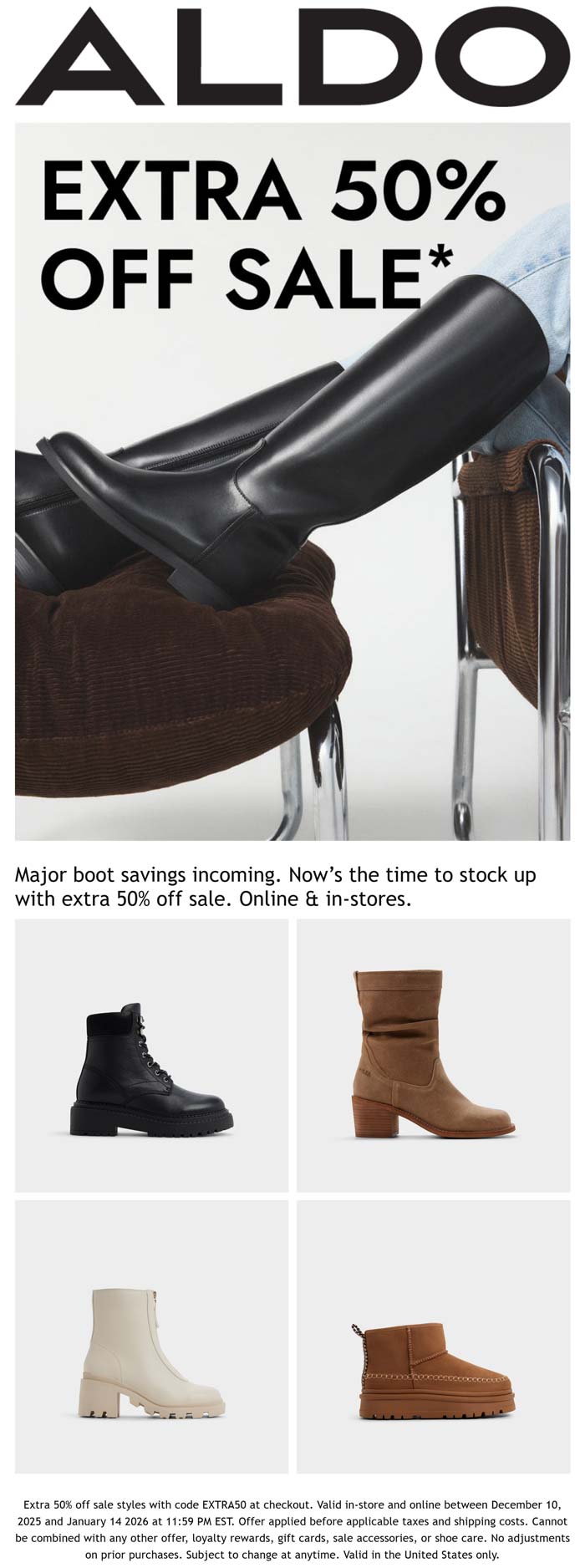 Extra 50% off sale items at ALDO, ditto online