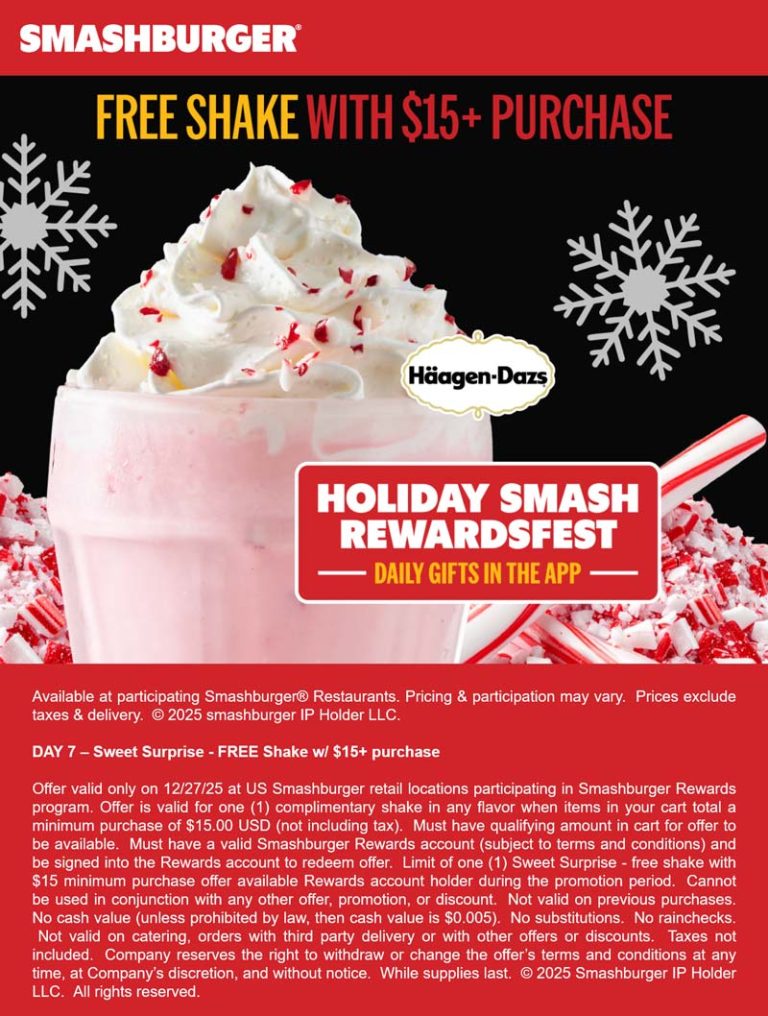 Free milkshake on $15 today at Smashburger restaurant