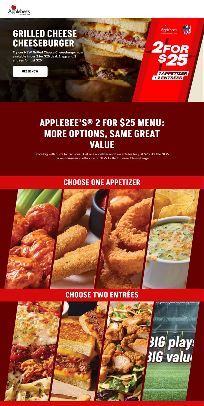 Appetizer + 2 entrees = $25 at Applebees