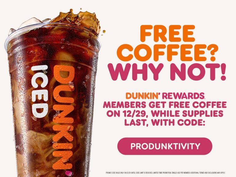 Free coffee online today at Dunkin via promo code PRODUNKTIVITY