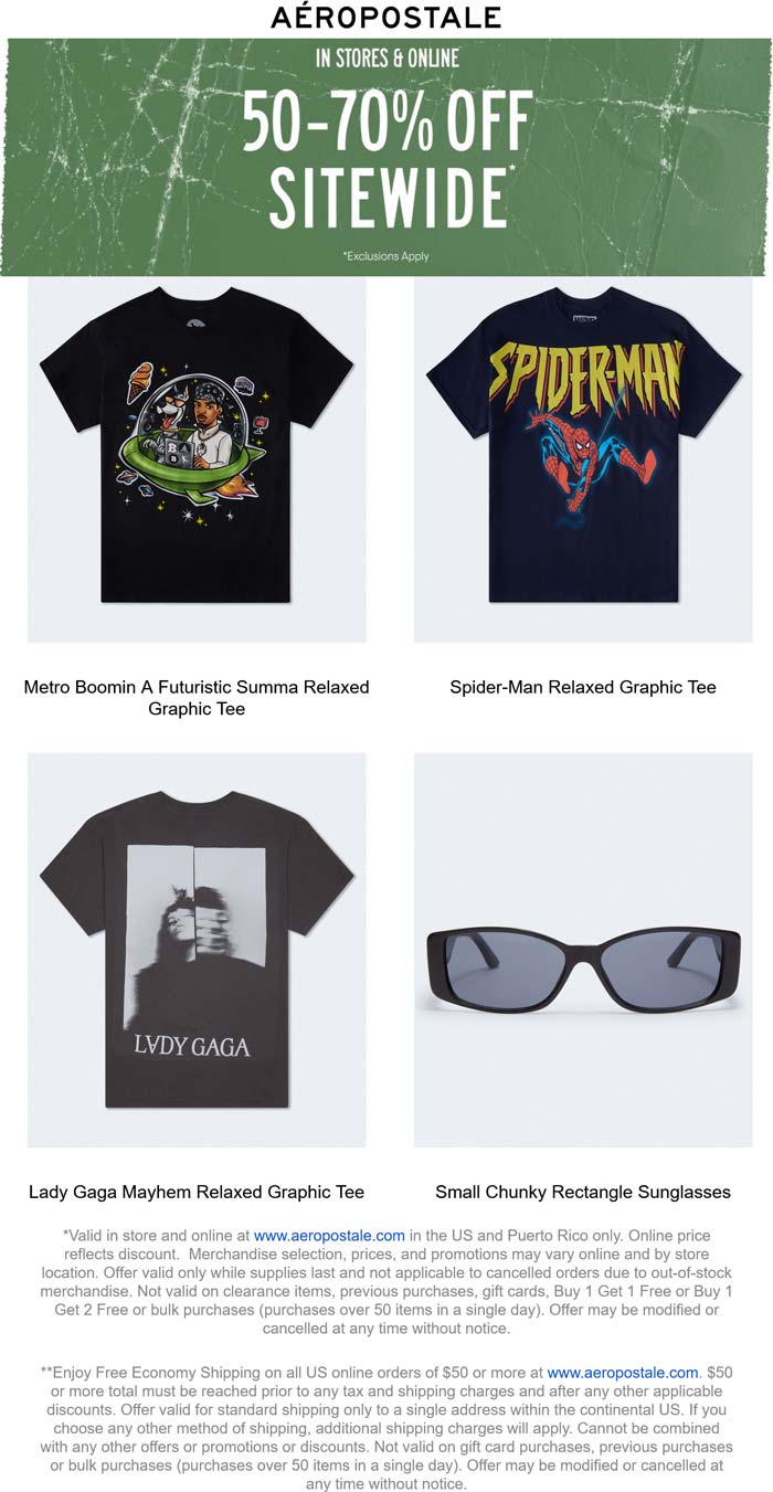 50-70% off everything online at Aeropostale