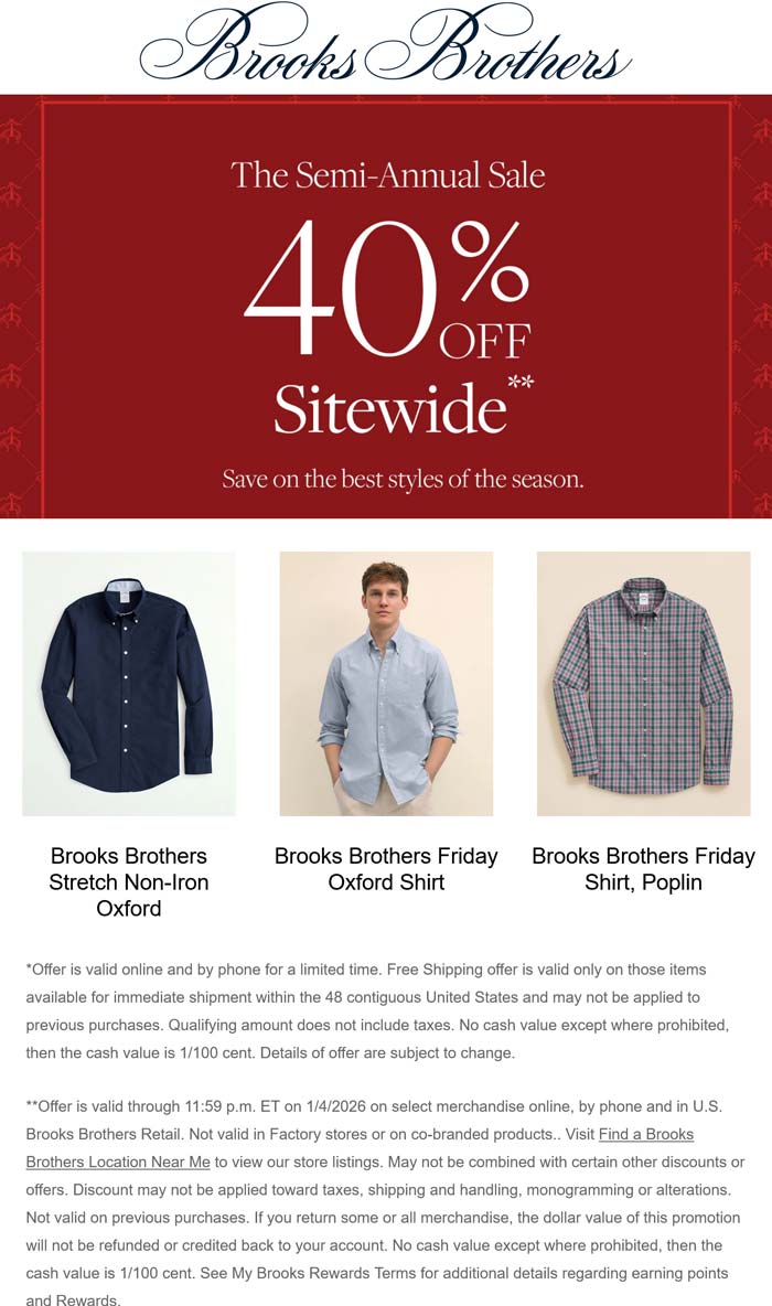 40% off at Brooks Brothers, ditto online