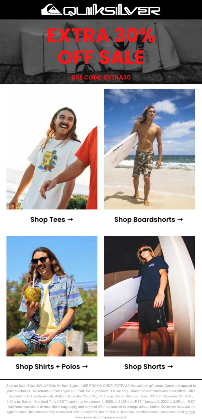 Extra 30% off sale items at Quiksilver via promo code EXTRA30
