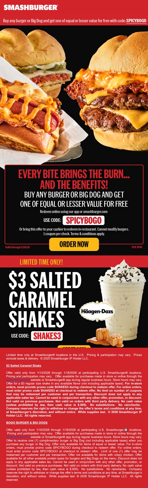 Second cheeseburger or big hot dog free at Smashburger via promo code SPICYBOGO
