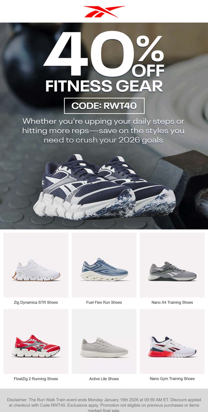 40% off fitness gear at Reebok via promo code RWT40